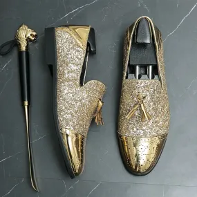 Mocassins de luxe pour soirée dorés vernis et pailletés